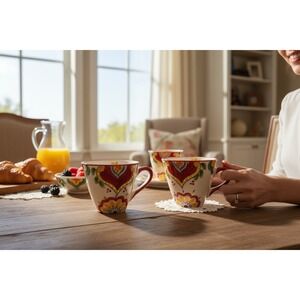 Maxcera Cinco De Mayo Mugs Set of 4 Red Yellow NWOT Hand Painted Ceramic